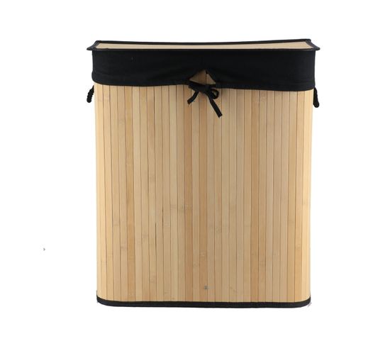 Panier à Linge Pliable 2 Compartiments et Couvercle En Bambou Et Tissu Coton Noir H 63 Cm