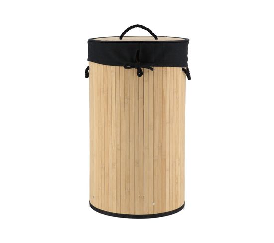 Panier à Linge Pliable Avec Couvercle En Bambou Et Tissu Noir H 60 Cm
