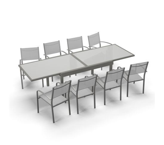 Table De Jardin Extensible Aluminium 270cm + 8 Fauteuils Empilables Textilène Gris - Lio 8