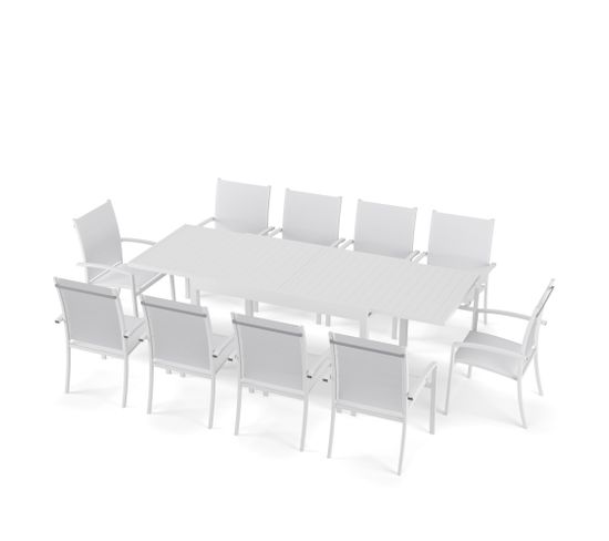 Table De Jardin Extensible Aluminium 270cm + 10 Fauteuils Empilables Textilène - Blanc - Andra