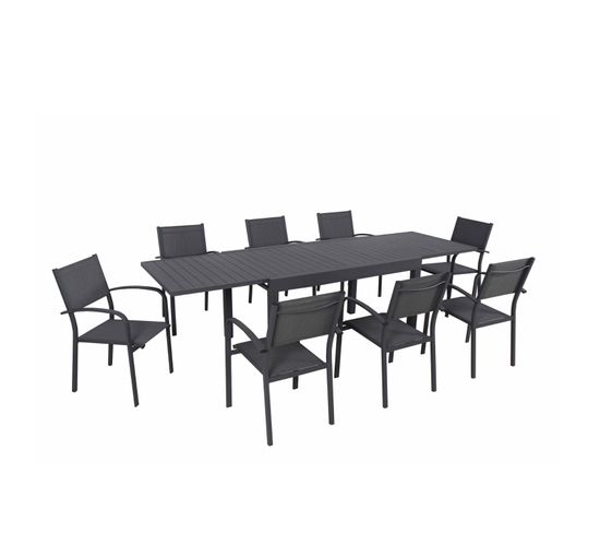 Table De Jardin Extensible En Aluminium 270cm + 8 Fauteuils Empilables Textilène Anthracite - Milo