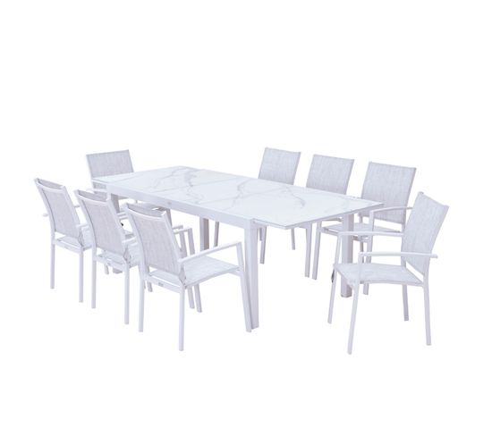 Table De Jardin Extensible Aluminium Blanc Effet Marbre 180/240 cm + 8 Fauteuils Empilable Textilène