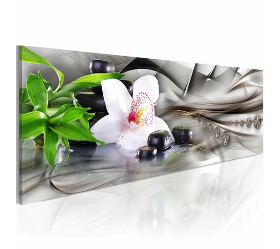 Tableau Composition Zen Bambou, Orchidée Et Pierres 120 X 40 Cm Blanc