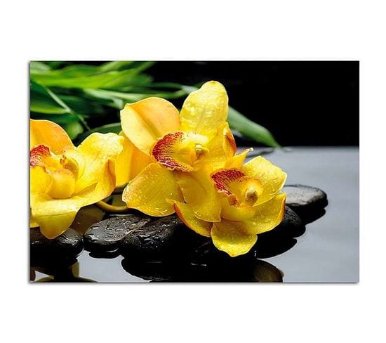 Tableau Bois Orchidées Jaunes 100 X 70 Cm Jaune