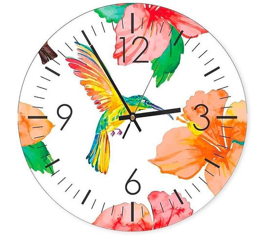 Horloge Murale Fantaisiste Colibri Et Fleurs Colorées 40 X 40 Cm Blanc