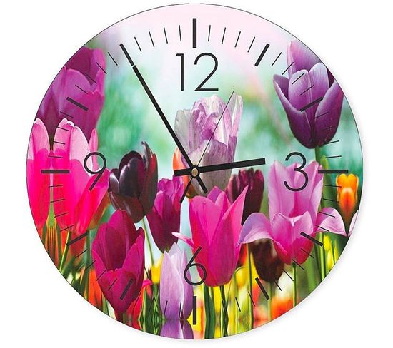 Horloge Décorative Tulipes Colorées - Féérie Florale 60 X 60 Cm Rose
