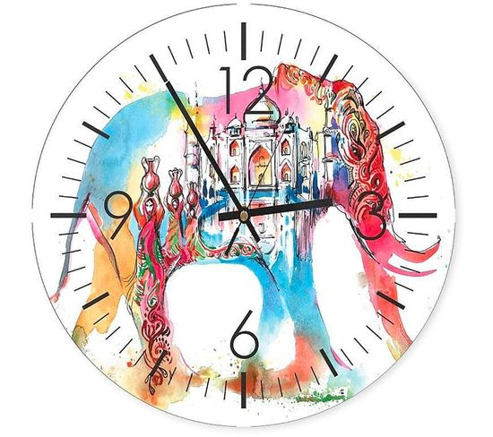 Horloge Murale Décorative Éléphant Taj Mahal Colorée 40 X 40 Cm Blanc
