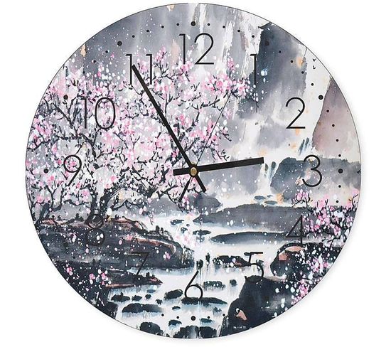 Horloge Murale Paysage Fleuri Et Cerisiers En Éclosion 40 X 40 Cm Gris