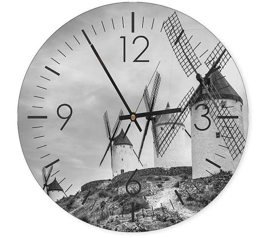 Horloge Murale Paysage De Moulins Vintage Et Élégante 40 X 40 Cm Blanc