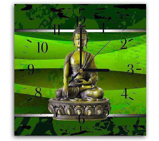 Horloge Murale Design Bouddha En Méditation Couleur Verte 30 X 30 Cm Vert