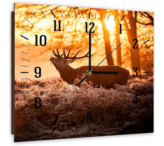 Horloge Murale Scène Sylvestre Avec Cerf Majestueux 30 X 30 Cm Orange