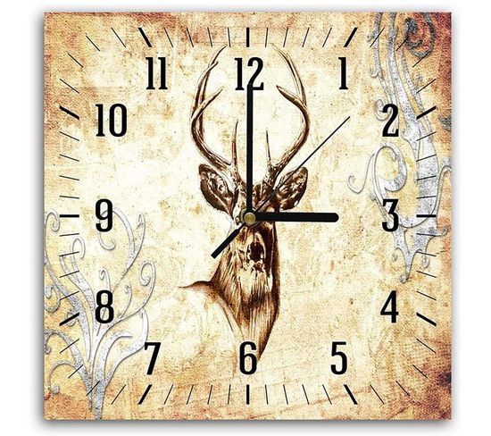 Horloge Murale Décorative Cerf Vintage Pleine Nature 30 X 30 Cm Beige
