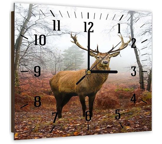 Horloge Forestière Majestueuse Avec Cerf En Brume 50 X 50 Cm Marron