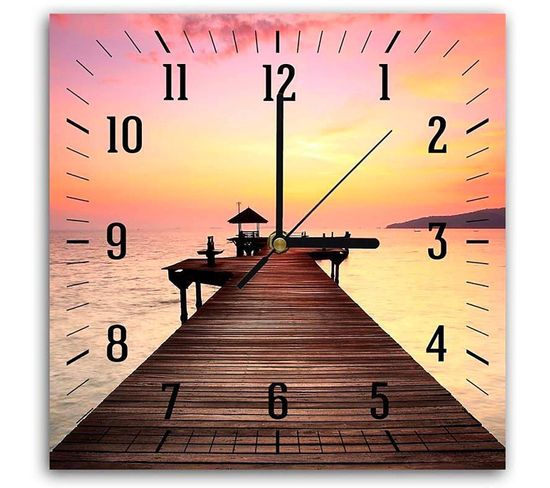 Horloge Ponton Coucher De Soleil – Décor Zen Et Apaisant 50 X 50 Cm Orange