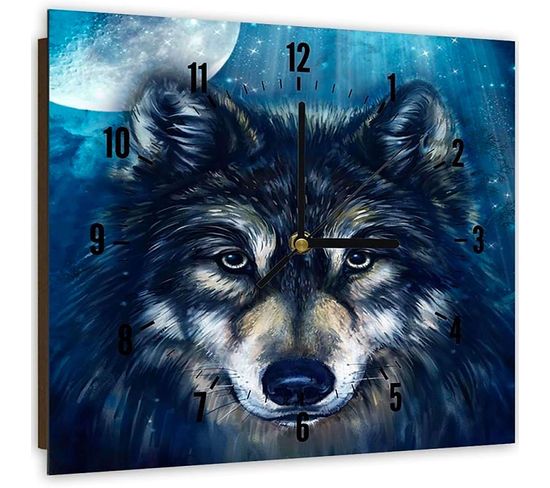 Horloge Murale Design Loup Mystique Et Nocturne 30 X 30 Cm Bleu