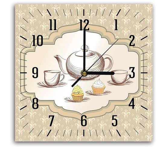 Horloge Murale Décor Thé Et Pâtisseries Pour Cuisine Vintage 30 X 30 Cm Beige