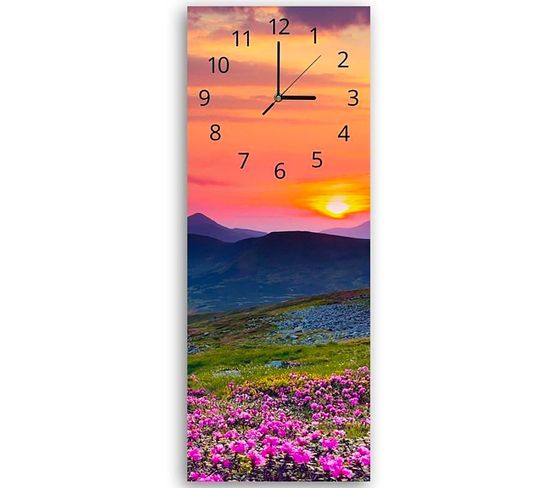 Horloge Murale Panoramique Coucher De Soleil Et Fleurs De Montagne 25 X 65 Cm Orange