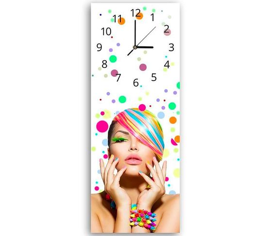 Horloge Murale Design Coloré Avec Portrait Féminin Fantaisie 25 X 65 Cm Blanc
