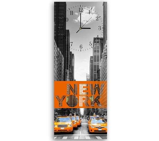 Horloge Murale Urbaine New York Avec Taxis Colorés 25 X 65 Cm Orange