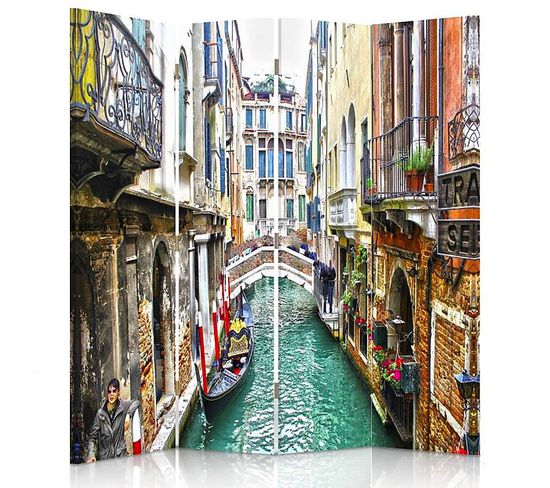 Paravent Décoratif Canal De Venise Kulik, 4 Panneaux 145 X 180 Cm - 2 Faces R° V° + 360° Multicolore