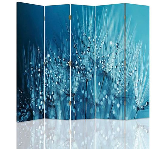 Paravent Chambre Pissenlit Rosée - Cloison Zen Et Moderne 180 X 150 Cm - 2 Faces R° V° + 360° Bleu