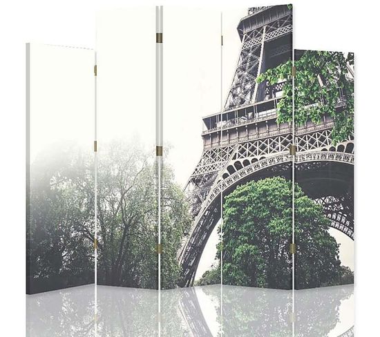Paravent 5 Volets Élégant Motif Tour Eiffel Zimmer 180 X 180 Cm - 2 Faces R° V° + 360° Vert