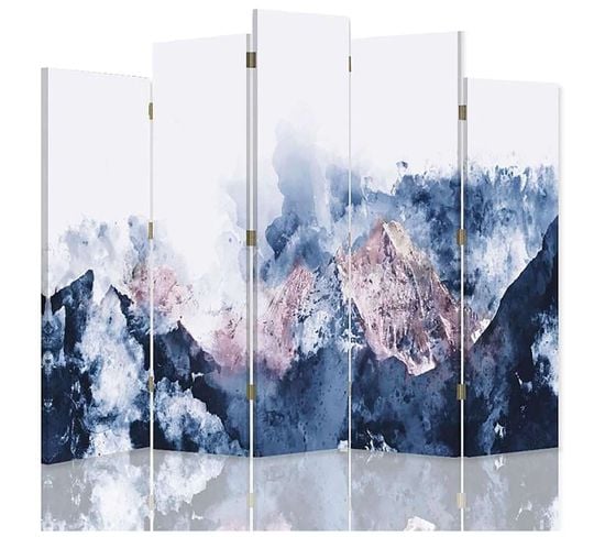 Paravent 5 Volets Design Montagne Pour Décoration Zen 180 X 180 Cm - 2 Faces R° V° + 360° Bleu
