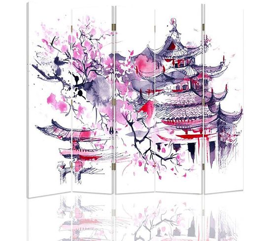 Paravent Style Japonais Traditionnel, Décoration Zen 180 X 180 Cm - 2 Faces R° V° + 360° Rose