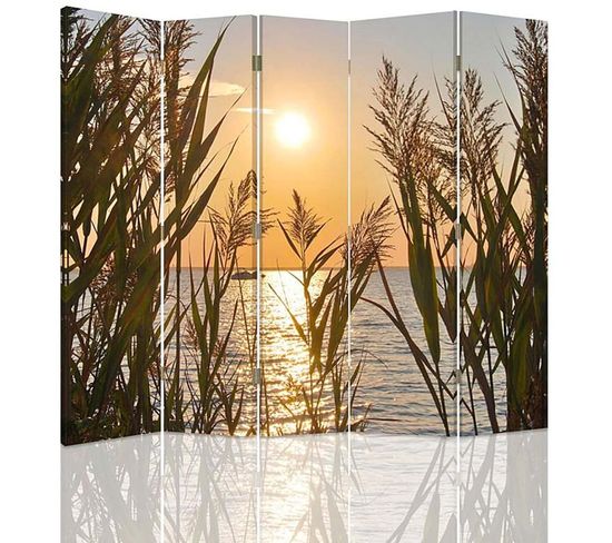 Paravent Scène Lac Au Sunset, Séparateur Esthétique 180 X 150 Cm - 2 Faces R° V° + 360° Beige