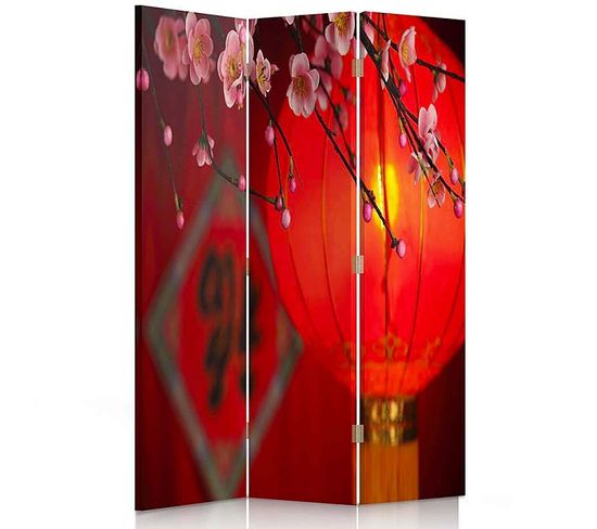 Paravent Design Lanterne Japonaise Et Fleurs De Cerisier 110 X 150 Cm - 1 Face Déco Rouge