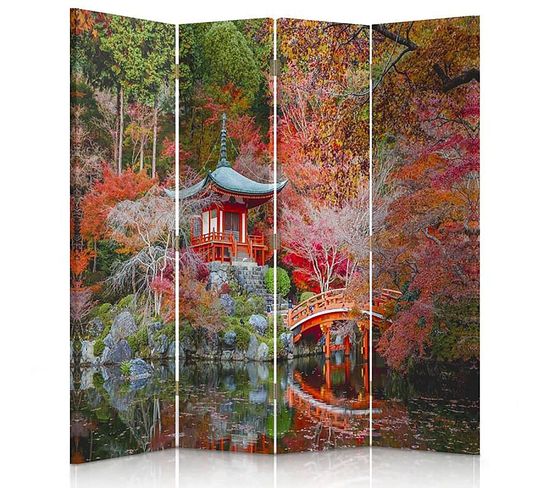Paravent Jardin Zen Japonais 4 Panneaux Décoratif 145 X 150 Cm - 1 Face Déco Rouge