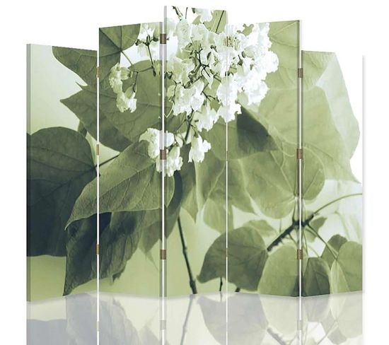 Paravent Floral Elégance  Cloison 5 Panneaux Ambiance Zen 180 X 180 Cm - 1 Face Déco Blanc