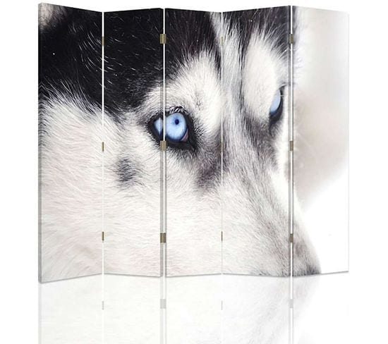 Paravent Husky 2 Design Original à 5 Panneaux Décoratif 180 X 180 Cm - 1 Face Déco Blanc