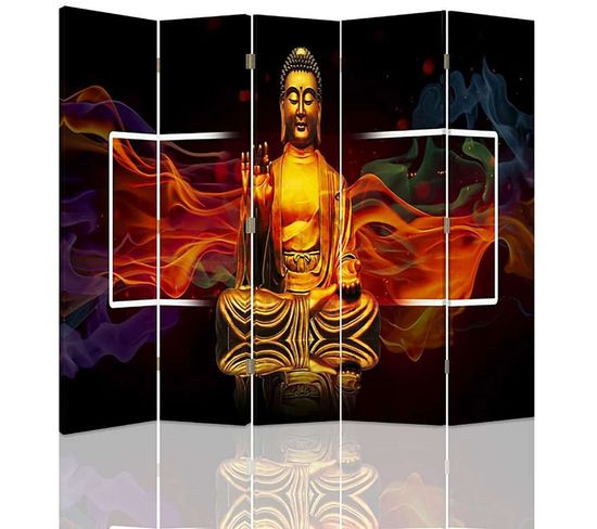Paravent Bouddha Doré Zen Déco Intérieure à 5 Volets 180 X 180 Cm - 1 Face Déco Orange