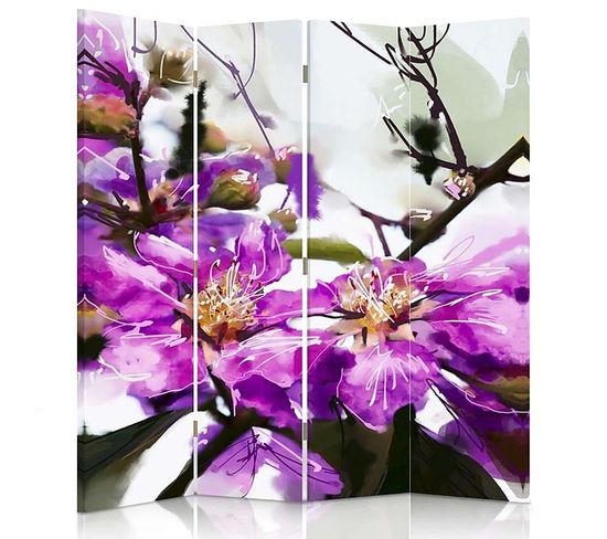 Paravent Décoratif Floral Violet - Cloison Esthétique 4 Panneaux 145 X 180 Cm - 2 Faces R° V° Violet
