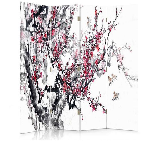 Paravent Motif Cerisier Du Japon Pour Intérieur Zen 145 X 150 Cm - 2 Faces R° V° Blanc