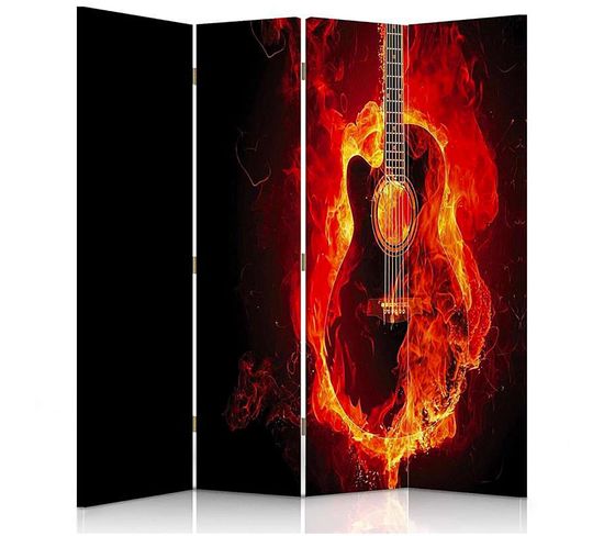 Paravent Guitare Ardente Déco Musique Flamboyante Design 145 X 180 Cm - 2 Faces R° V° Rouge