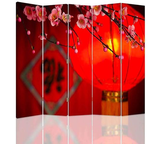 Paravent Japonais 5 Panneaux, Motif Lanterne Asiatique 180 X 150 Cm - 2 Faces R° V° Rouge