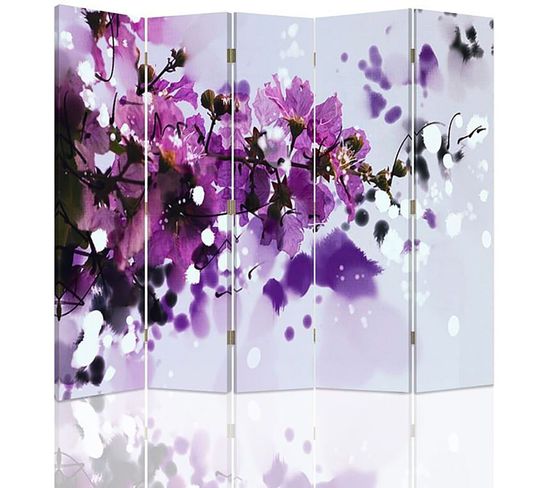 Paravent Décoratif Fleuri 5 Volets Pour Intérieurs Elegants 180 X 150 Cm - 2 Faces R° V° Violet