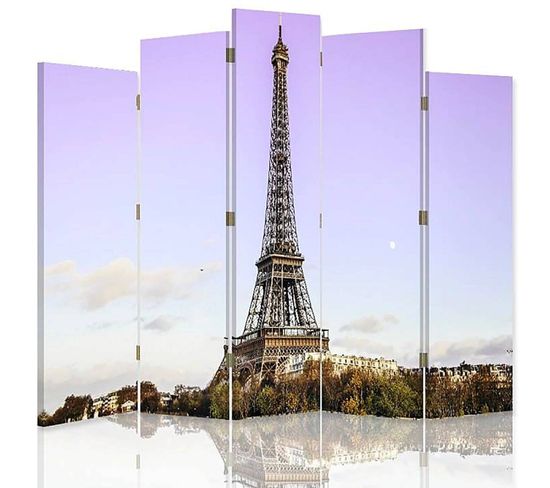 Paravent Design Tour Eiffel Parisien 5 Panneaux Chic 180 X 180 Cm - 2 Faces R° V° Violet