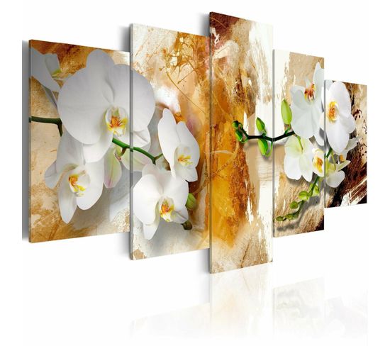 Tableau Peinture Brune Et Orchidée 100 X 50 Cm Blanc