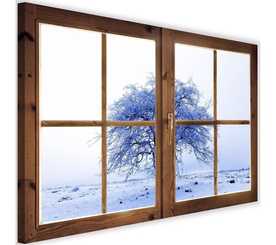 Tableau Fenêtre, Un Arbre Couvert De Neige 120 X 80 Cm Blanc