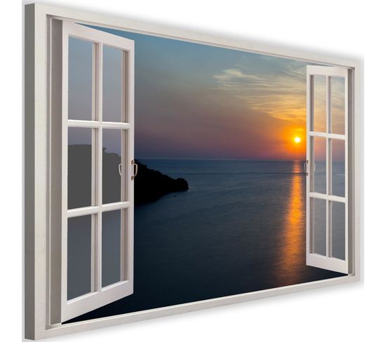 Tableau Fenêtre, Coucher De Soleil Sur La Baie 90 X 60 Cm Blanc