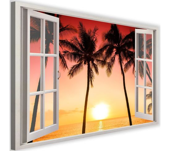 Tableau Fenêtre, Soleil Et Palmiers 120 X 80 Cm Orange