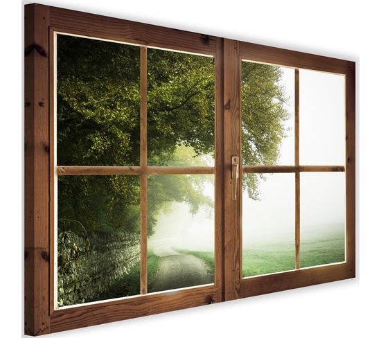 Tableau Fenêtre, Arbre Dans Le Brouillard 120 X 80 Cm Bois Foncé