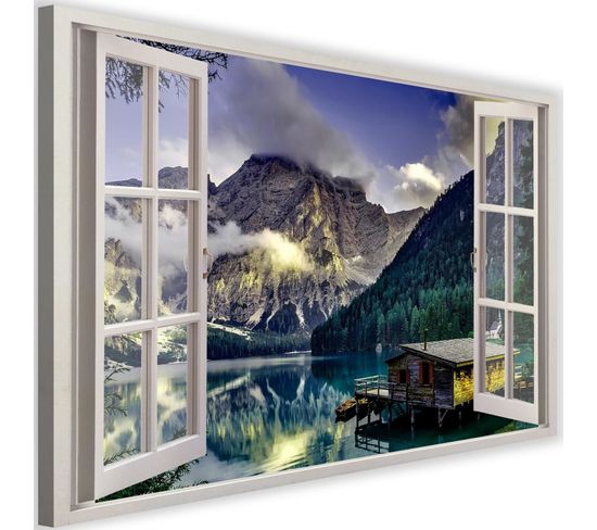 Tableau Fenêtre, Paysage De Montagne 90 X 60 Cm Bleu