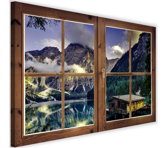 Tableau Fenêtre, Paysage De Montagne 60 X 40 Cm Bleu