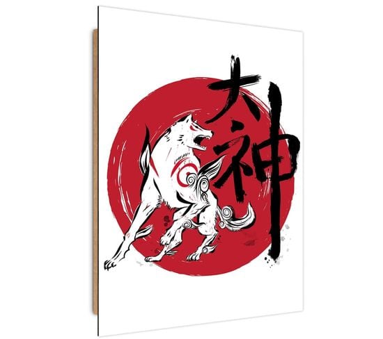 Tableau Bois Okami Dieu-loup Japonais 70 X 100 Cm Rouge