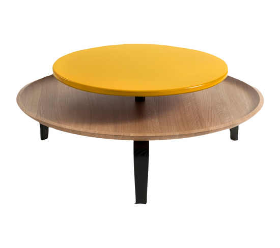 Table Basse Bois Chêne, Jaune Et Noir 85x85x30cm