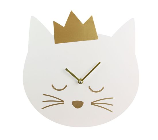 Horloge Murale Enfant Princesse Chat - Diam. 30 Cm - Blanc
